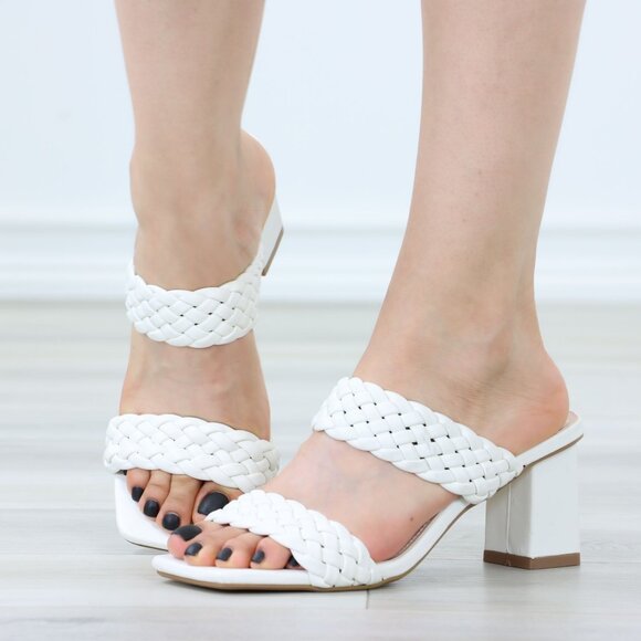 White Block Low Heeled Mule Open Squared Toe Slip On Sandals Braided Straps - Picture 1 of 14
